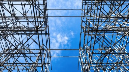 Poster - Construction scaffolding forming geometric patterns against the backdrop of a blue sky.