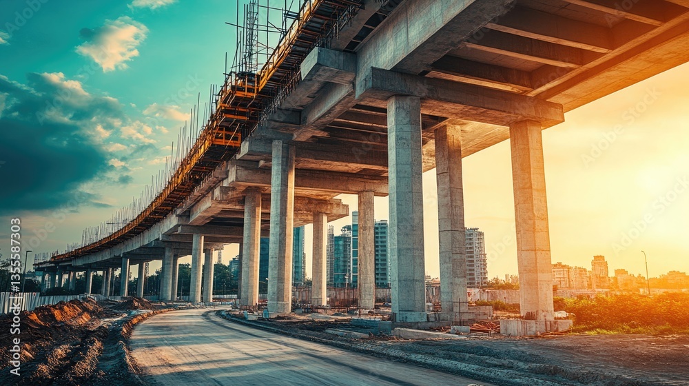 Construction site of a highway overpass with massive steel beams and ...