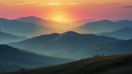 Wall Mural - golden sunlight bathes the distant mountains in a warm glow, emphasizing the tranquil landscape. nat