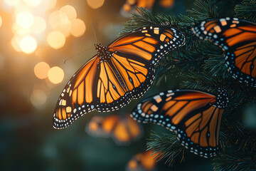 Aufkleber - A monarch butterfly cluster hanging from oyamel fir branches in a Mexican forest. Concept of migration miracles and fragile ecosystems.