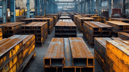 Poster - High-resolution shot of steel I-beams neatly stacked in a storage yard, representing the backbone of modern architecture.