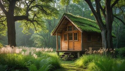 Poster - cabin, woods, forest, moss, nature, rustic, hidden, greenery, trees, foliage, sunlight, shadows, old, wood