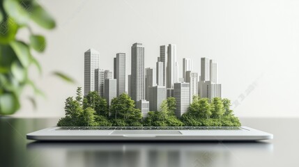 Poster - High-tech urban planning software on a laptop screen showing a futuristic real estate layout.