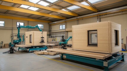 Poster - Large-scale robotic assembly line producing prefabricated housing units.