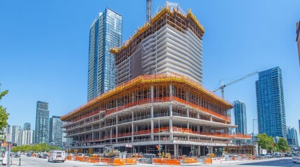 Poster - Multi-level steel scaffolding surrounding a high-rise building under construction, with safety netting and planks.