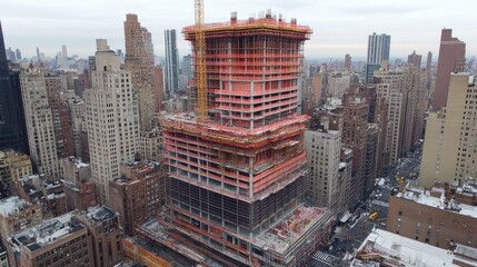 Poster - Multi-level steel scaffolding surrounding a high-rise building under construction, with safety netting and planks.