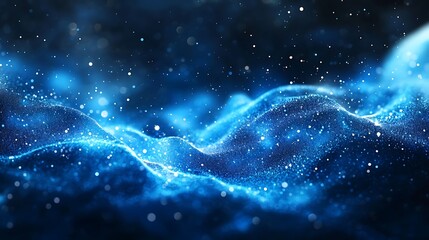 Poster - Abstract blue background with glowing dots and wavy lines on a dark gradient,