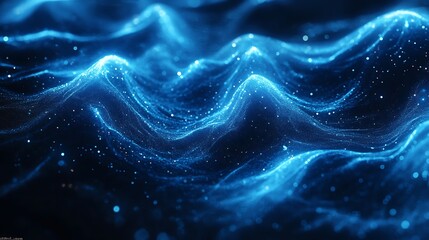 Poster - Abstract blue background with glowing dots and wavy lines on a dark gradient,
