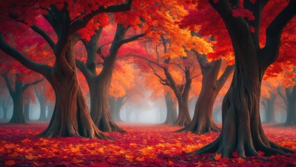 Aufkleber - Autumn scenery featuring a stunning park adorned with vibrant red leaves and ancient trees. A beautiful nature vista, with trees and leaves set in a misty forest, creating a fantasy landscape.