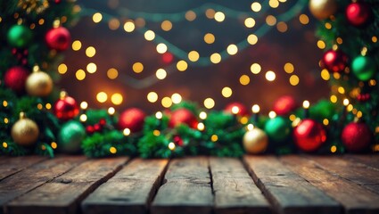 Poster - An unoccupied wooden table positioned against a background of festive lights and holiday decorations, perfect for displaying products in a flexible environment.