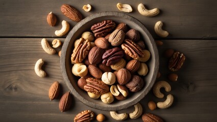 Aufkleber - Assortment of nuts in bowls. Food variety on wooden surface, overhead view, empty space.