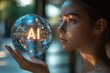 © Роман Булатов - A young woman holds a luminous orb illustrating AI, her contemplative gaze reflecting the glowing light, set against a softly illuminated background Generative AI