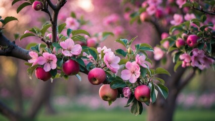 Poster - Apple tree in bloom with a pink floral backdrop.