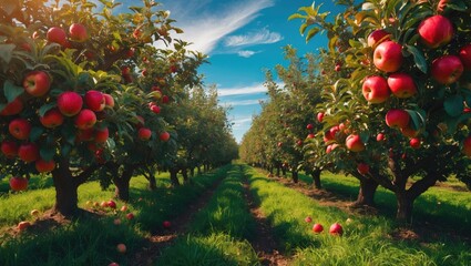 Poster - Apple orchard featuring red ripe apples on branches. Two rows of apple trees abundant with fruit observed under a blue sky, almost ready for harvesting.
