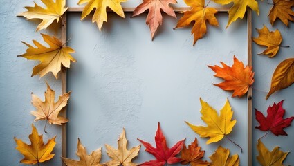 Poster - Autumn mood background. Frame created from dried leaves on a light backdrop. Flat lay, overhead view, space for text.