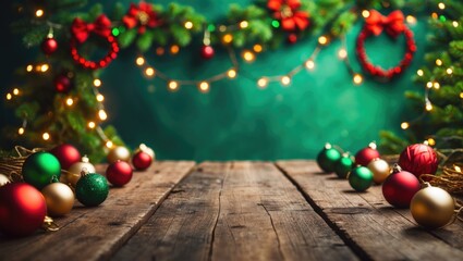 Poster - An unoccupied wooden table positioned against a backdrop of festive lights and holiday decorations, perfect for displaying products in a flexible environment.