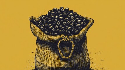 Poster - Burlap sack overflowing with fresh roasted coffee beans representing coffee production and trade in a vibrant setting