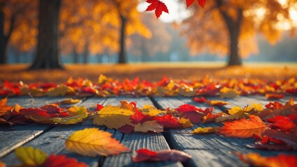 Poster - autumn leaves background with wooden boards and space for text