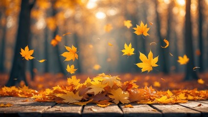 Poster - Autumn maple leaves on a wooden surface. Falling leaves create a natural backdrop.