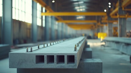 Poster - Precast concrete beams lined up in a factory yard, representing efficiency and strength in modern construction techniques.