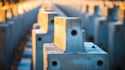 Poster - Precast concrete beams lined up in a factory yard, representing efficiency and strength in modern construction techniques.