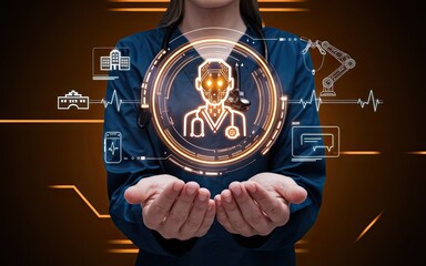 Poster - Healthcare's Digital Embrace: A visual representation of healthcare's technological and robotic advancement with a doctor icon at the center, hovering above the hands of a professional. 
