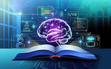 Poster - Illumination of Mind: Digital representation of brain emerging from open book, symbolising knowledge and ideas, with bright light illuminating the scene.