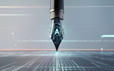 Poster - AI Pen's Digital Ink: A futuristic digital representation of a pen, with its nib illuminating with the letter 