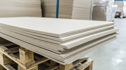 Poster - Rows of fiber cement boards neatly stacked on pallets, used for exterior cladding and fire-resistant construction applications.