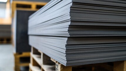Poster - Rows of fiber cement boards neatly stacked on pallets, used for exterior cladding and fire-resistant construction applications.