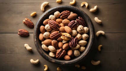 Aufkleber - Assortment of nuts in cups. Food mixture on wooden surface, bird's-eye view, blank space