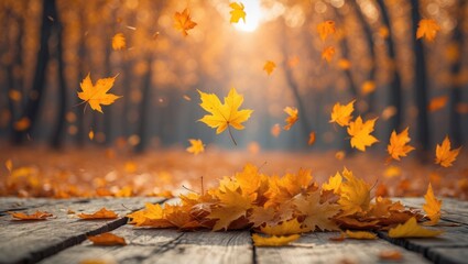 Poster - Autumn maple leaves on a wooden surface. Falling leaves natural backdrop.