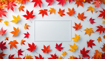 Poster - Autumnal maple leaves on a light background with room for text. Overhead view, flat lay.