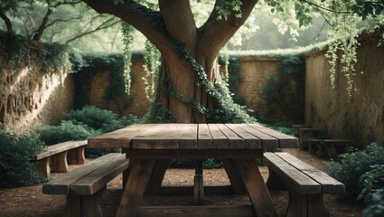 Poster - A welcoming wooden picnic table located under the shade of a tree in a tranquil garden, providing a peaceful escape in natural surroundings.