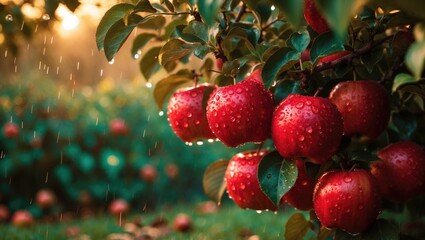 Aufkleber - Autumn day. Rural garden. The frame features ripe red apples hanging on a tree. Rain is falling.
