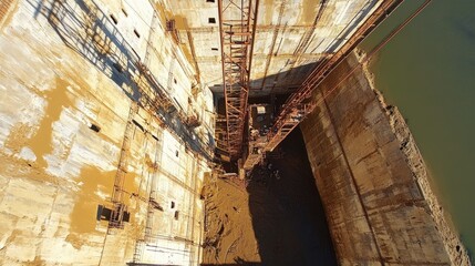 Poster - Scaffolding extending over a deep excavation site, providing worker access.