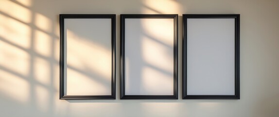 Poster - Artistic mockup design. Black vertical frames on a bright background in sunlight. Poster presentation in a home setting, minimalistic style, no people present. Elegant apartment idea. Template.