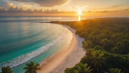 Aufkleber - Aerial perspective of sunrise above beach resort