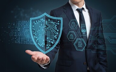 Poster - Cybersecurity Sentinel: A composed businessman in a sharp suit extends a hand, presenting a digital shield, symbolizing robust defense against cyber threats.