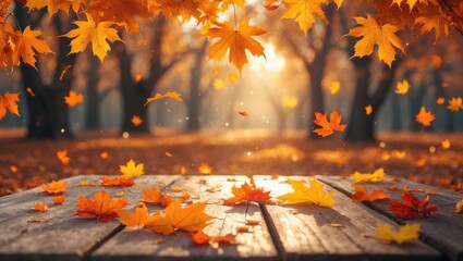 Poster - Autumn maple leaves on a wooden surface. Natural background of falling leaves. Bright day featuring beautiful orange foliage in the park.