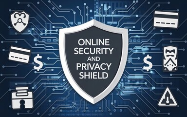 Poster - Shield of Security: An artistic representation of online security and privacy, featuring a shield at the heart of the image and interconnected icons that symbolize protection against cyber threats.