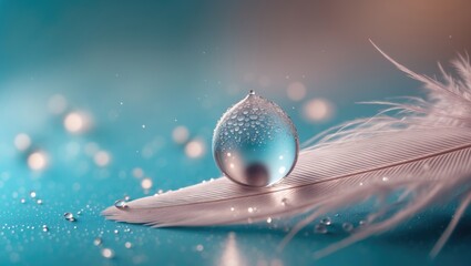 Aufkleber - A droplet of dew on a soft feather in close-up macro photography, featuring sparkling bokeh against a blurred blue background.