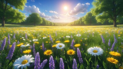 Wall Mural - a stunning, sunlit spring summer meadow. a vibrant panoramic landscape filled with wildflowers again