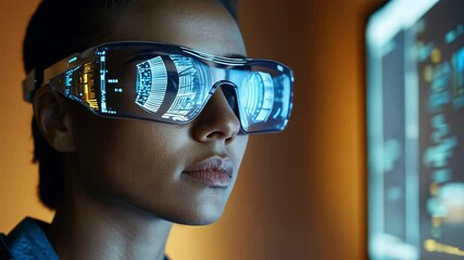 Poster - Glimpse into the Future: A person wearing cutting-edge virtual reality glasses, immersed in a futuristic digital world, represents technology's possibilities and human-computer interaction. 
