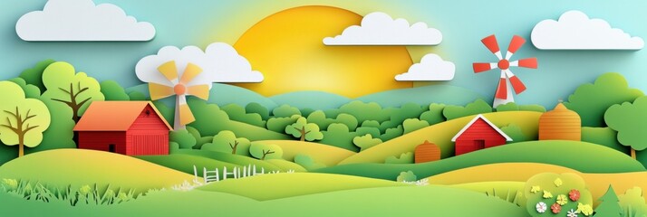 Poster - Charming rural landscape in paper cut style showcasing sheep, barns, windmills, and inviting sunrise in a serene countryside setting