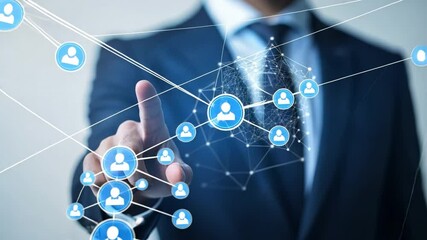 Poster - Networking at Your Fingertips: A smartly dressed business person interacts with an intricate network, symbolizing connectivity and the interconnectedness of global collaboration.