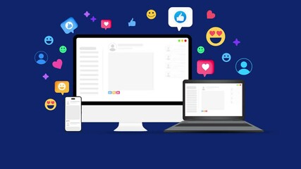 Poster - Social Media marketing and engagement concept on multiple devices with floating shapes, 4k Animation. Digital media engagement and reach