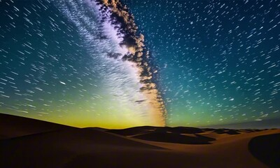 Wall Mural - A vast, star-filled sky rotates above a remote desert, with the Milky Way stretching across the horizon. The stillness of the dunes below contrasts with the cosmic motion above. Iridescent aesthetic