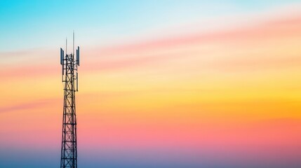 Poster - A close-up of a telecommunication tower against a gradient sunset sky, with clear space for branding or marketing messages.