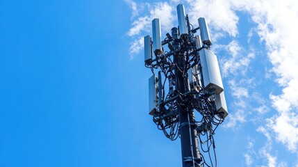 Poster - A close-up of a signal pole with wires and communication equipment, standing against a bright, clear sky.